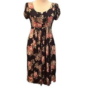 Vintage 90s Floral Midi Black Dress